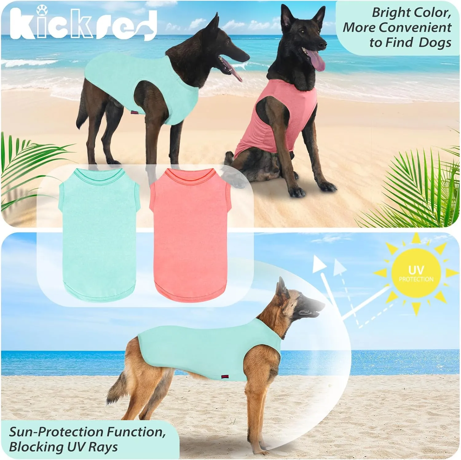 2-Piece Dog Shirts, Soft & Cool Tank Top, Breathable Pet Apparel, Summer Sleeveless Sweatshirt for Medium-Large Pets - Light Blue Candy Pink (L)