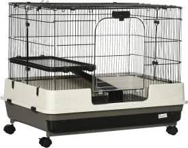 26" Small Animal Cage with Wheels, 2-Level Portable Bunny Cage, Chinchilla Ferret Cage with Removable Tray, Platform and Ramp