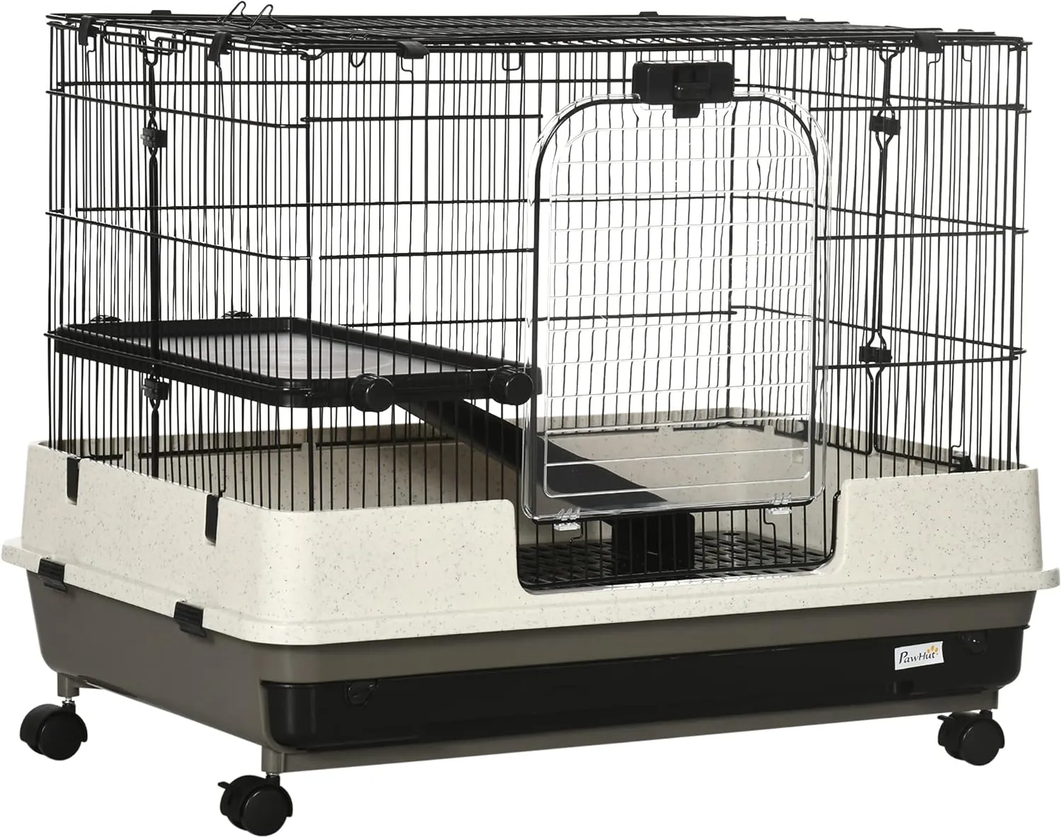 26" Small Animal Cage with Wheels, 2-Level Portable Bunny Cage, Chinchilla Ferret Cage with Removable Tray, Platform and Ramp