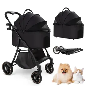 3 in 1 Folding Pet Stroller for Small/Medium Dogs and Cats With Cup Holder, Storage Basket, Removable Carrier - 4 Wheels Puppy Carrier
