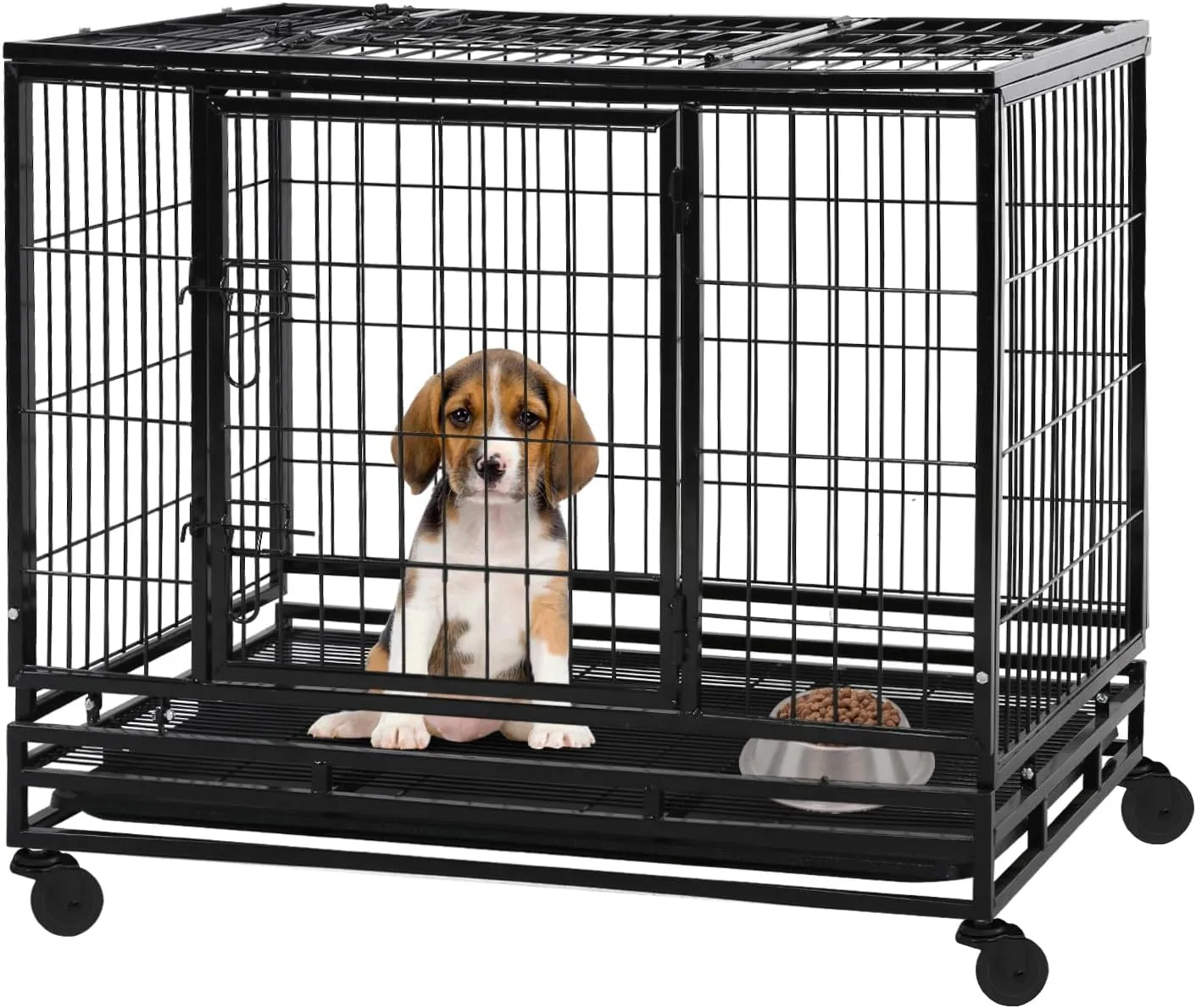36 Inch Heavy Duty Metal Wire Dog Crate with Removable Tray and Wheels, Stackable Basic Dog Cage Crates for Small Medium Dogs 2 Door Wire Dog Kennel Indoor with Top Access