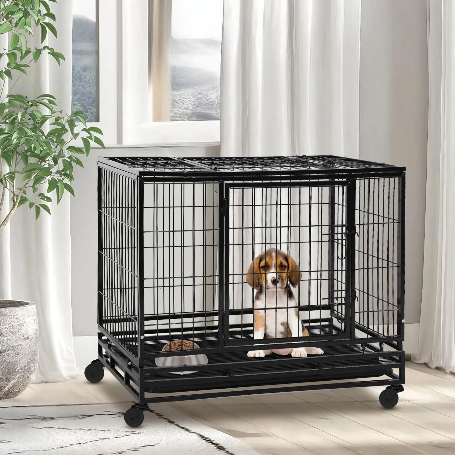 36 Inch Heavy Duty Metal Wire Dog Crate with Removable Tray and Wheels, Stackable Basic Dog Cage Crates for Small Medium Dogs 2 Door Wire Dog Kennel Indoor with Top Access