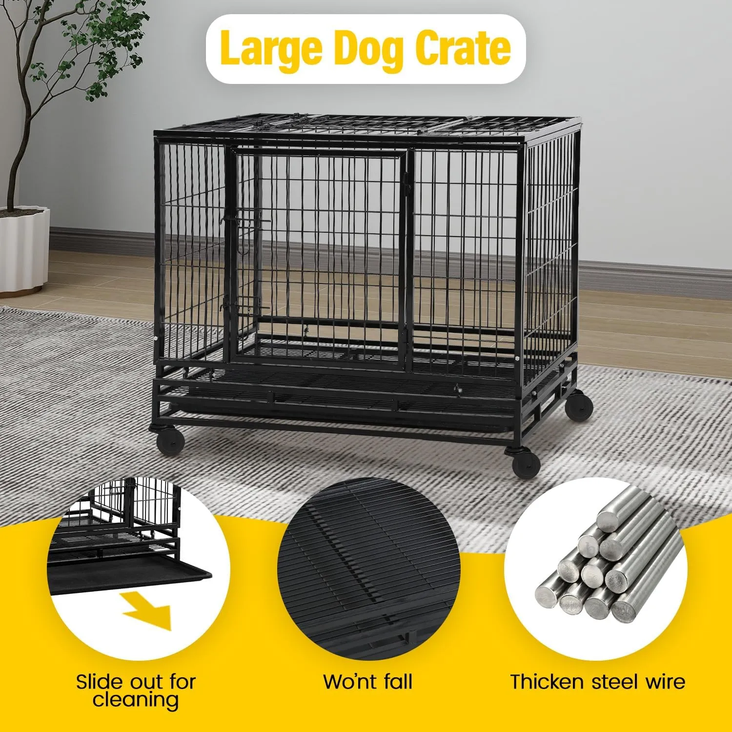 36 Inch Heavy Duty Metal Wire Dog Crate with Removable Tray and Wheels, Stackable Basic Dog Cage Crates for Small Medium Dogs 2 Door Wire Dog Kennel Indoor with Top Access