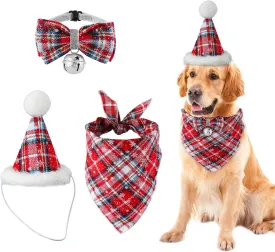 3pcs Christmas Dog Bandana Hat Bowtie, Adjustable Red Plaid Pet Triangle Scarf Snowflake Bow Tie with Bell, Costume Supplies for Pets Cats