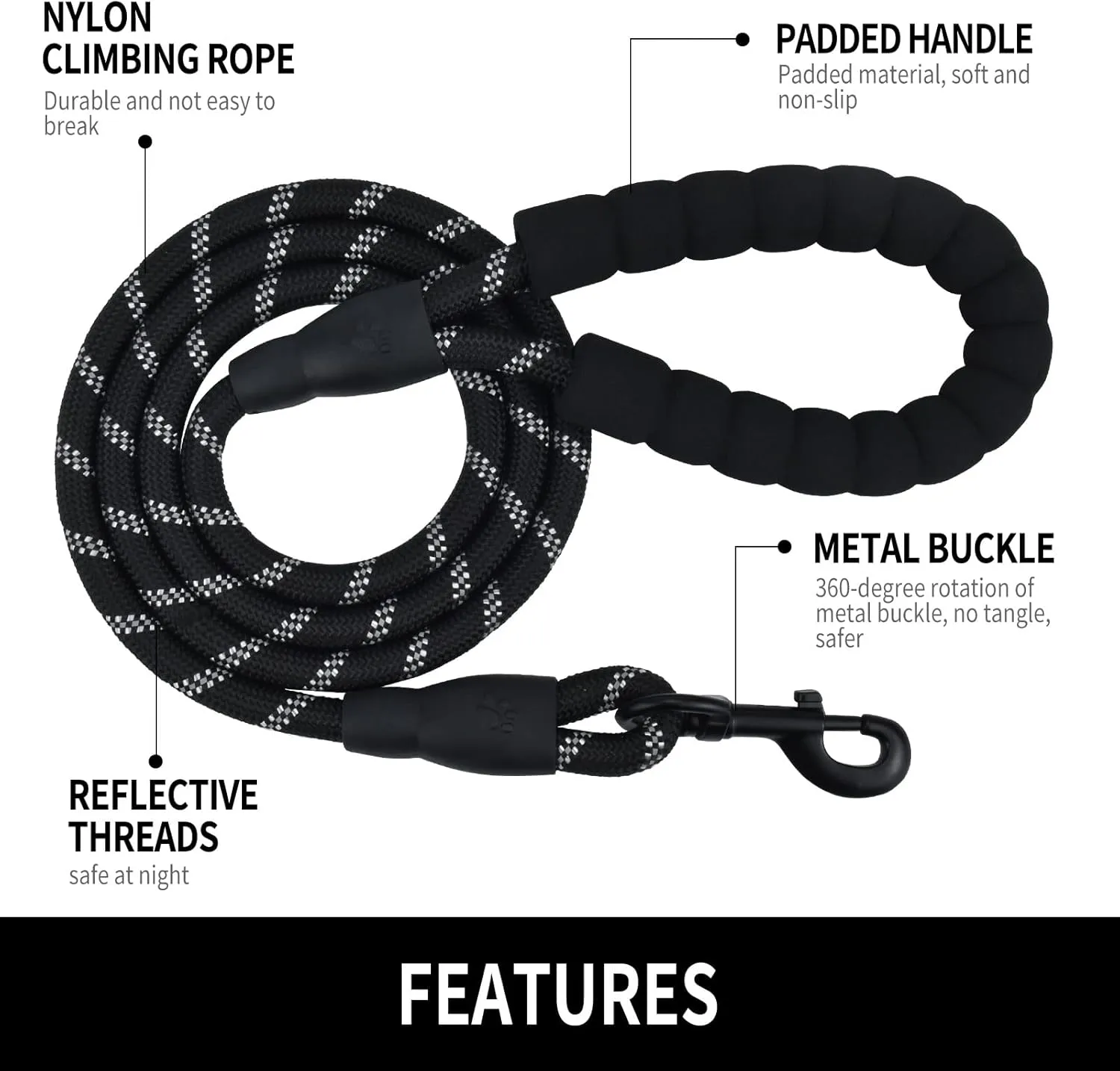 5/6 FT Strong Pet Dog Leash with Soft Padded Handle,Highly Reflective Rope for Night Walking,360-Degree Rotating Metal Buckle Without Tangles,Suitable for Small,Medium and Large Dogs.(5ft)