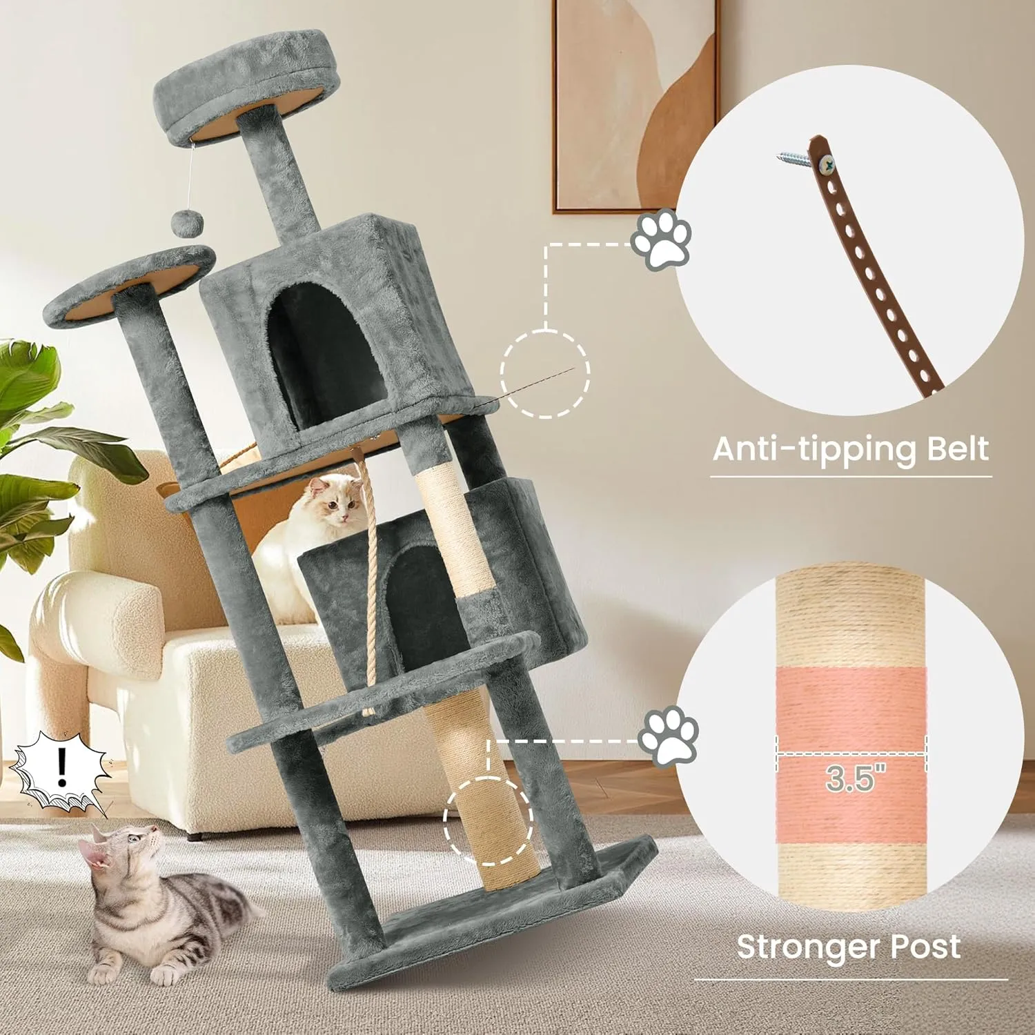 58.5inch Large Cat Tree Tower Condo for Indoor Cats, Soft Plush Multi-Level Climbing Tree Cat House with 1 360 Rotating Cat Cave, Scratching Post, More Entrance/Exit, Sisal Rope, Grey