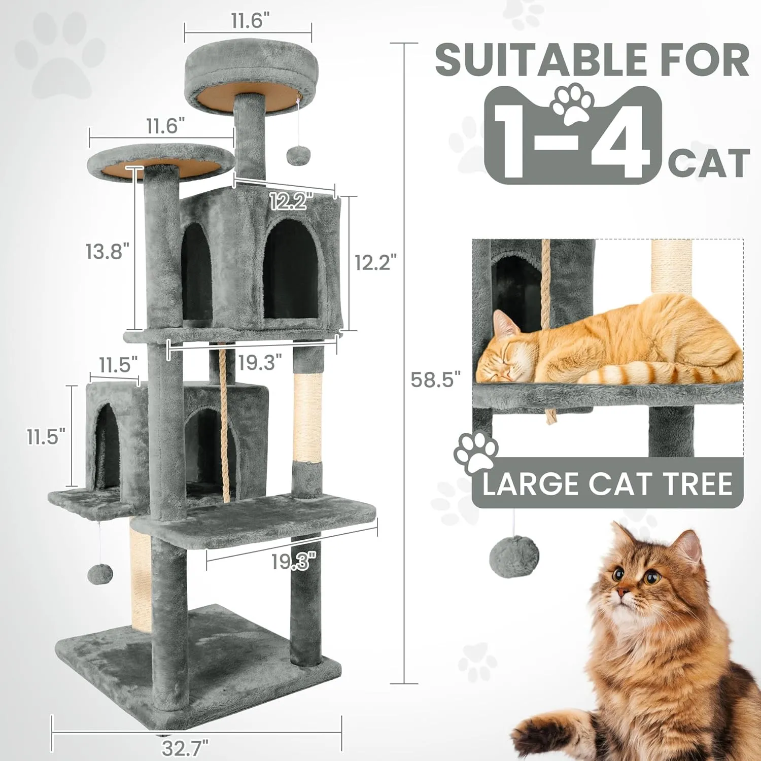 58.5inch Large Cat Tree Tower Condo for Indoor Cats, Soft Plush Multi-Level Climbing Tree Cat House with 1 360 Rotating Cat Cave, Scratching Post, More Entrance/Exit, Sisal Rope, Grey