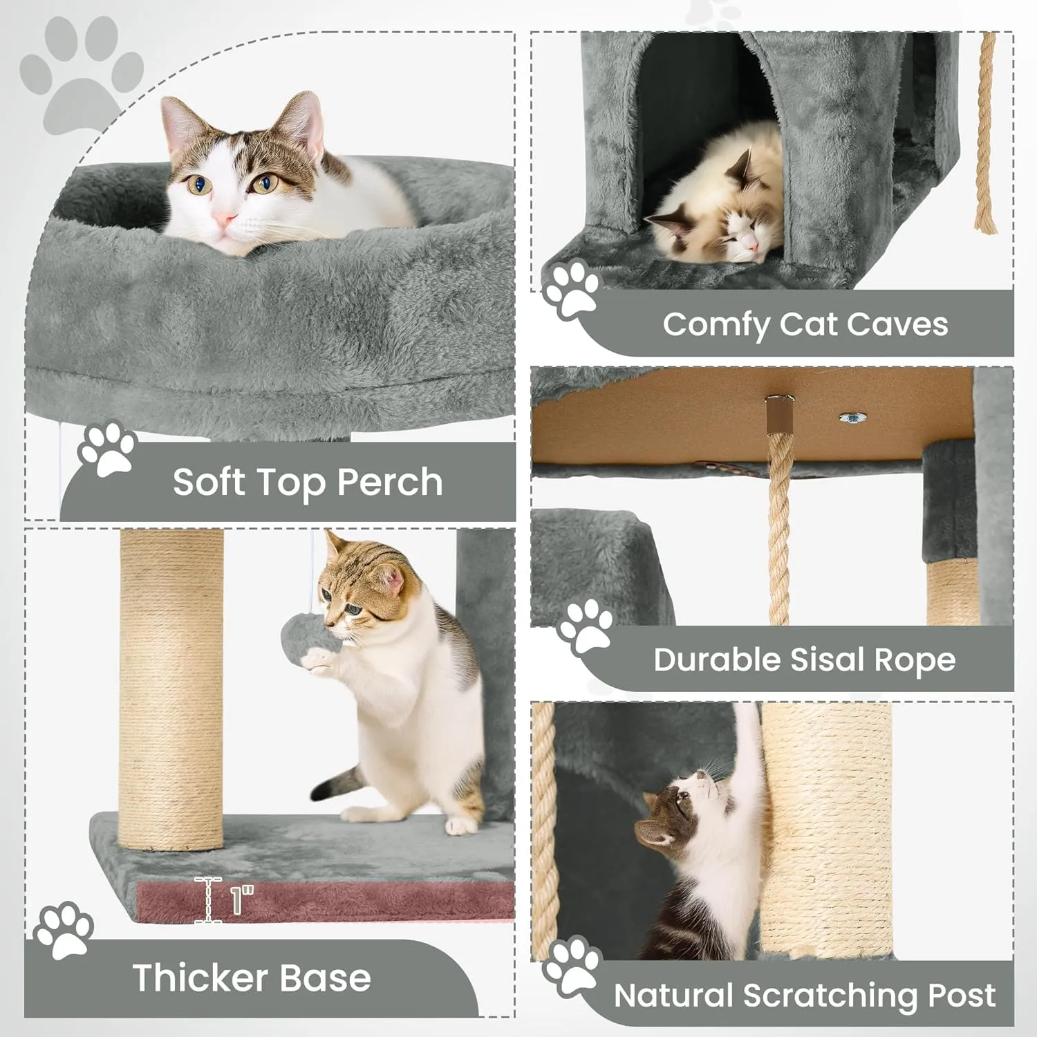 58.5inch Large Cat Tree Tower Condo for Indoor Cats, Soft Plush Multi-Level Climbing Tree Cat House with 1 360 Rotating Cat Cave, Scratching Post, More Entrance/Exit, Sisal Rope, Grey