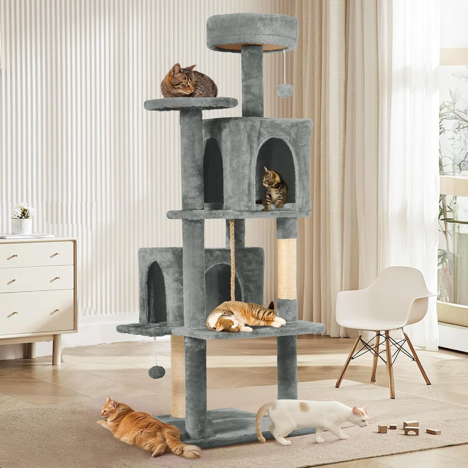 58.5inch Large Cat Tree Tower Condo for Indoor Cats, Soft Plush Multi-Level Climbing Tree Cat House with 1 360 Rotating Cat Cave, Scratching Post, More Entrance/Exit, Sisal Rope, Grey