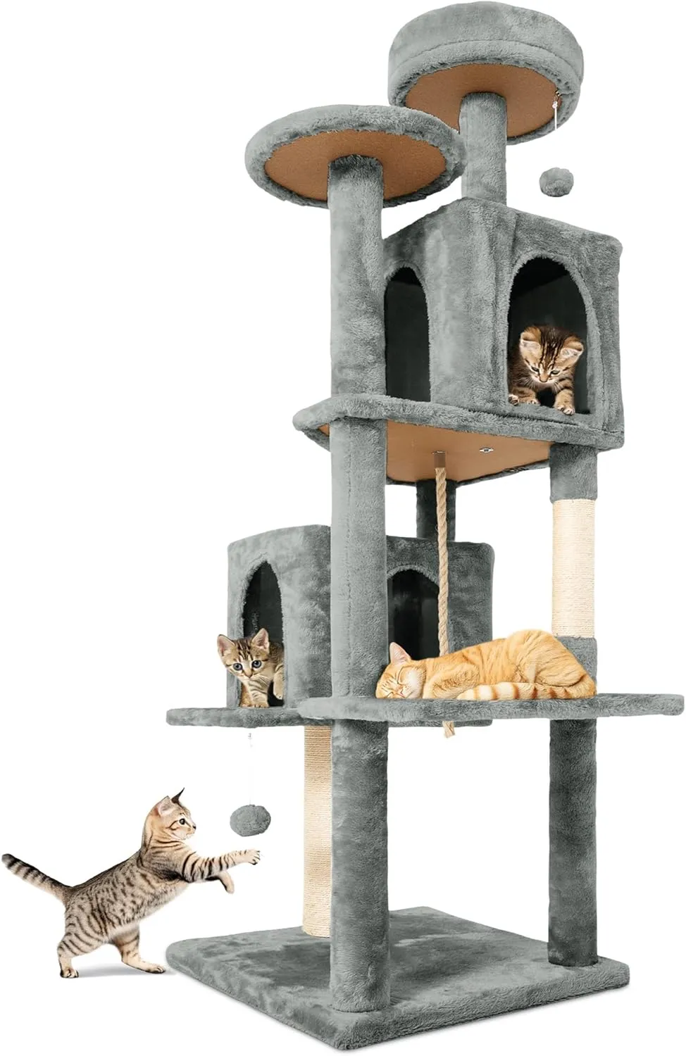 58.5inch Large Cat Tree Tower Condo for Indoor Cats, Soft Plush Multi-Level Climbing Tree Cat House with 1 360 Rotating Cat Cave, Scratching Post, More Entrance/Exit, Sisal Rope, Grey