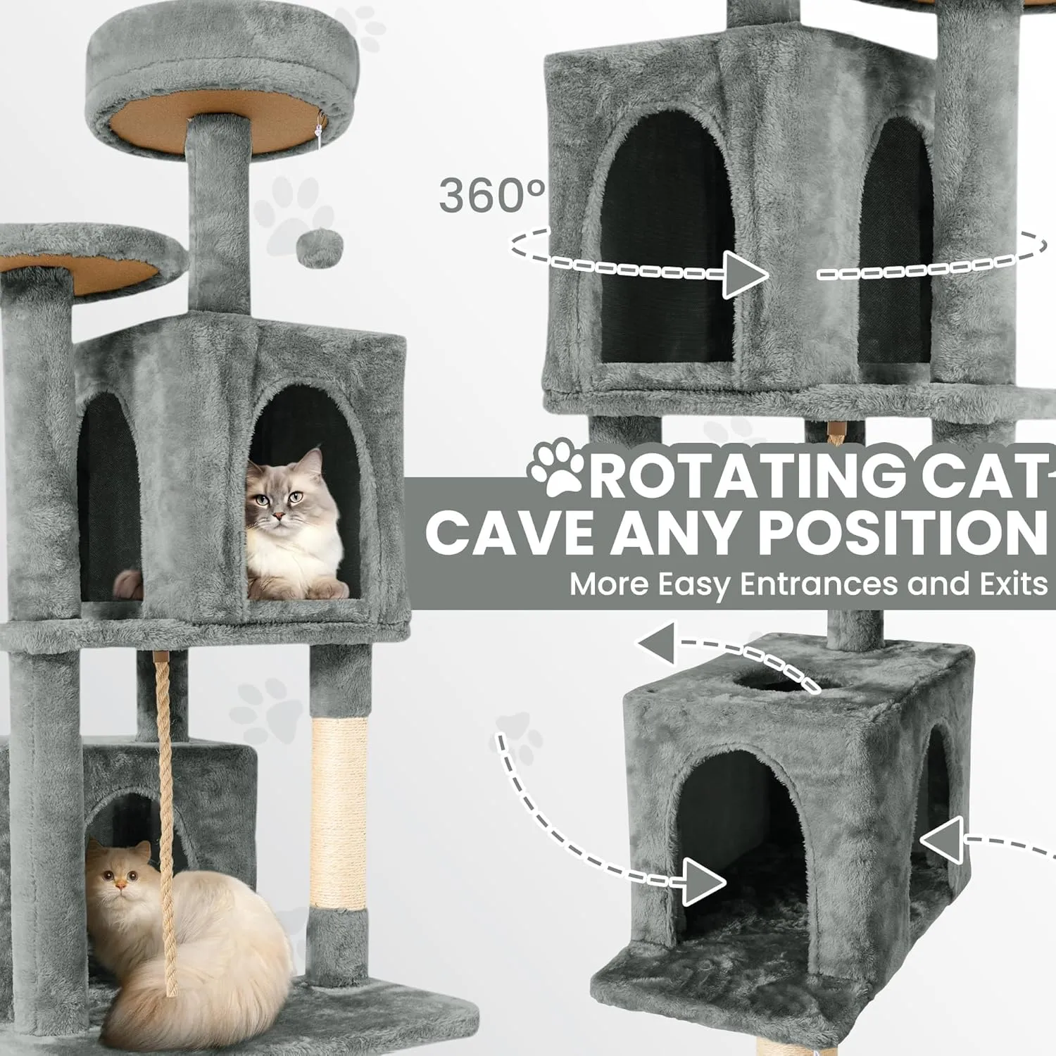58.5inch Large Cat Tree Tower Condo for Indoor Cats, Soft Plush Multi-Level Climbing Tree Cat House with 1 360 Rotating Cat Cave, Scratching Post, More Entrance/Exit, Sisal Rope, Grey