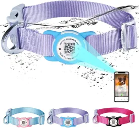 ADVENTUREMORE Airtag Dog Collar with Smart ID QR Code Airtags Holder: Prevents Dogs from Getting Lost at Night, Displays Owner and Pet Details. Waterproof, Durable, Adjustable, Thick-Purple-M