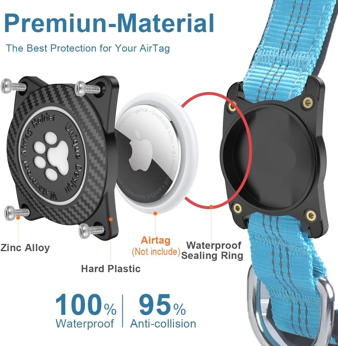 Airtag Dog Collar, Waterproof Air Tag Holder Dog Collar, Luminous & Reflective, Comfortable Padded, Adjustable Pet Collar for Small Medium Large Heavy Duty Dogs,Blue, XL