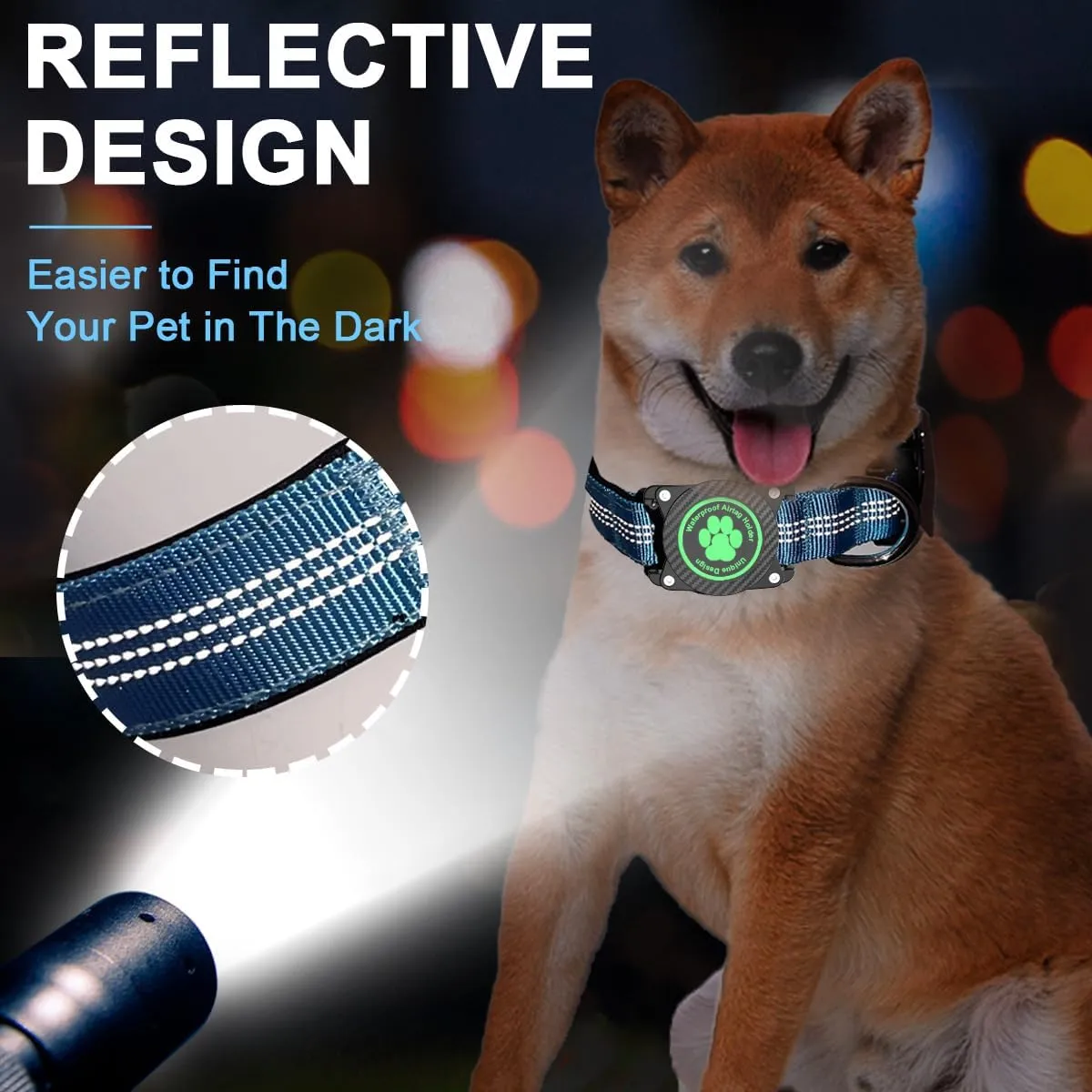 Airtag Dog Collar, Waterproof Air Tag Holder Dog Collar, Luminous & Reflective, Comfortable Padded, Adjustable Pet Collar for Small Medium Large Heavy Duty Dogs,Blue, XL