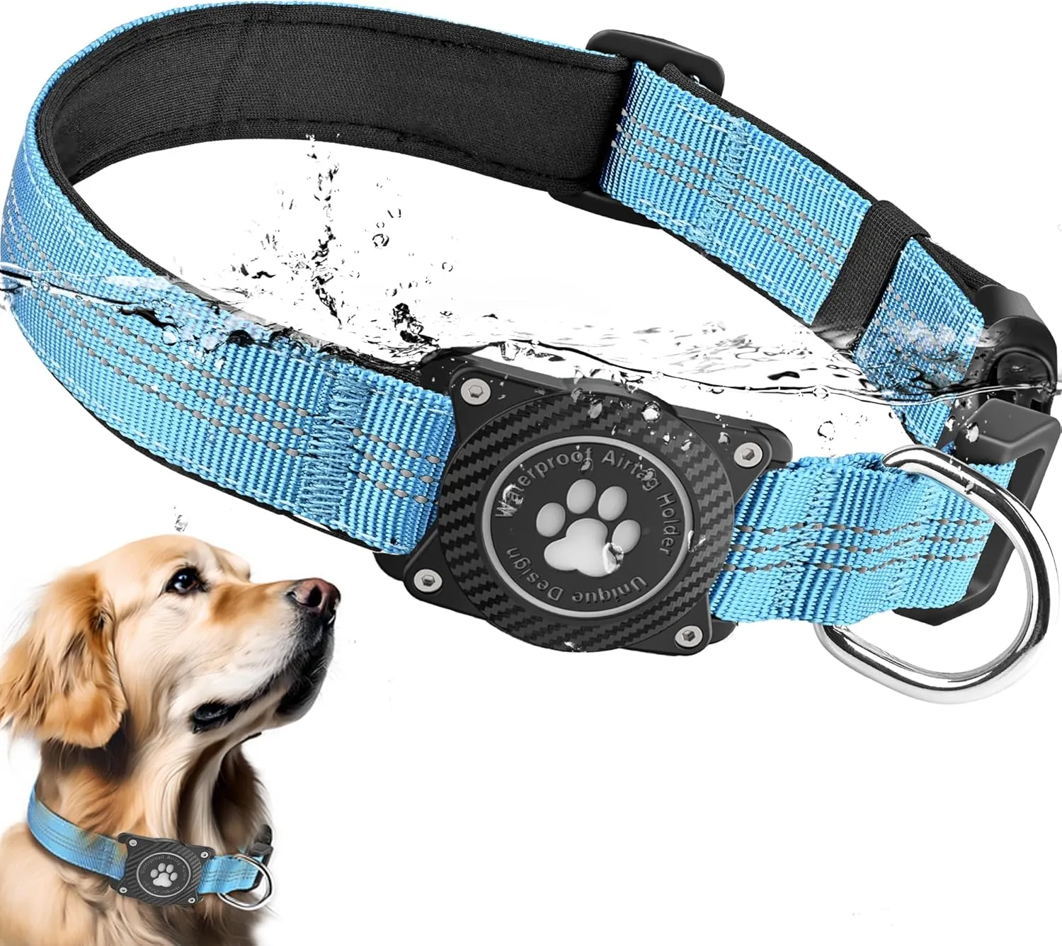 Airtag Dog Collar, Waterproof Air Tag Holder Dog Collar, Luminous & Reflective, Comfortable Padded, Adjustable Pet Collar for Small Medium Large Heavy Duty Dogs,Blue, XL