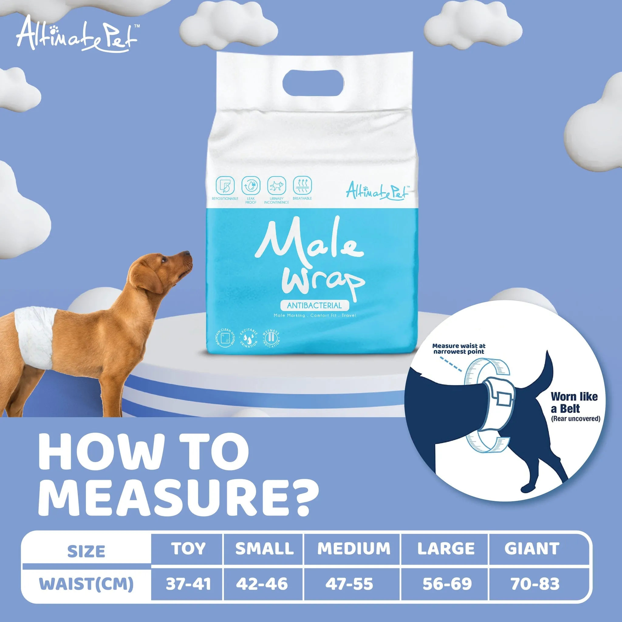 Altimate Pet Antibacterial Disposable Male Wraps (5 Sizes)