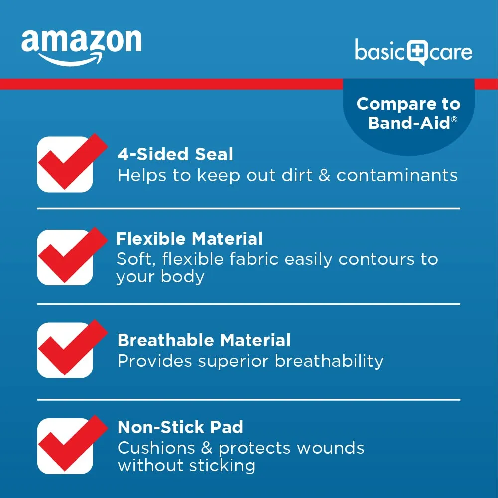 Amazon Basic Care Flexible Fabric Adhesive Bandages, First Aid and Wound Care Supplies, Assorted Sizes, 100 Count