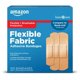 Amazon Basic Care Flexible Fabric Adhesive Bandages, First Aid and Wound Care Supplies, Assorted Sizes, 100 Count
