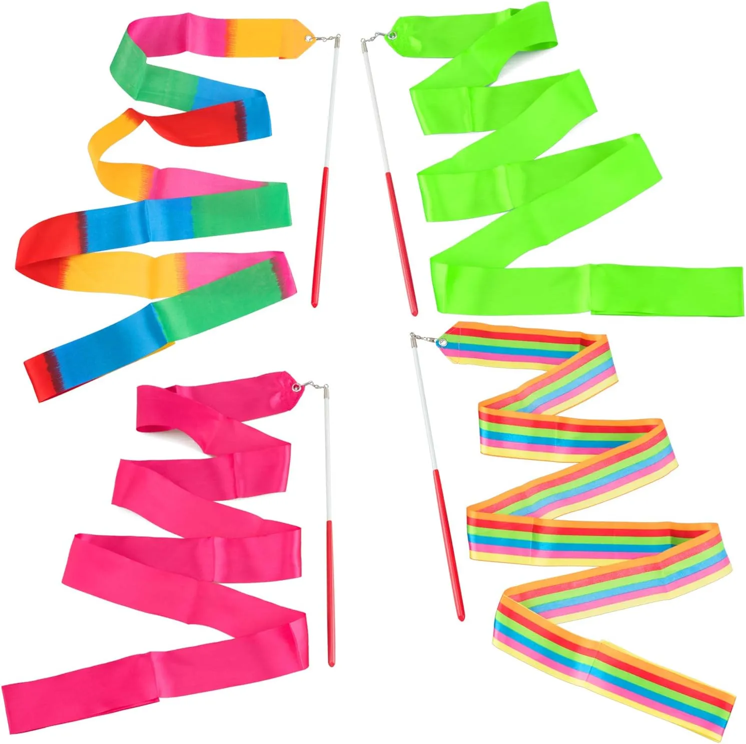 ANCIRS 4 Pack 2-Meter Dance Ribbons, Rainbow Streamers Rhythmic Gymnastics Ribbon, Baton Twirling Wands on Sticks for Artistic Dancing