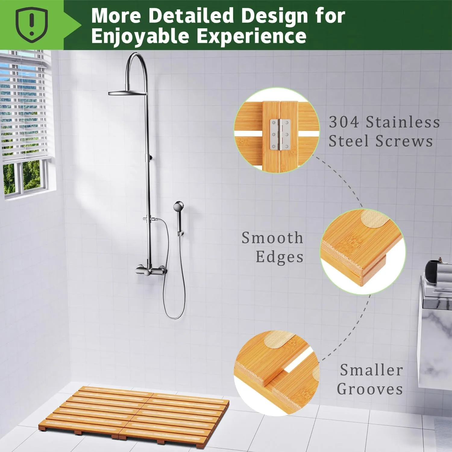 Bamboo Bath Mat for Shower, Dual Anti-Slip for Surface & Bottom, Waterproof Foldable Shower Mat, Easy to Carry and Storage, Perfect for Indoor Outdoor  Natural, 26.7716.141.14 Inches