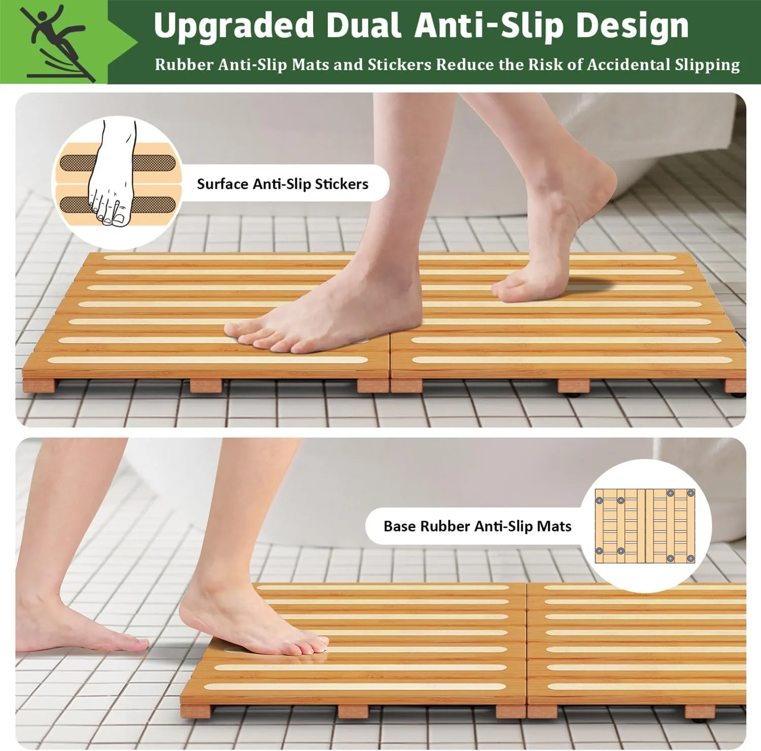 Bamboo Bath Mat for Shower, Dual Anti-Slip for Surface & Bottom, Waterproof Foldable Shower Mat, Easy to Carry and Storage, Perfect for Indoor Outdoor  Natural, 26.7716.141.14 Inches