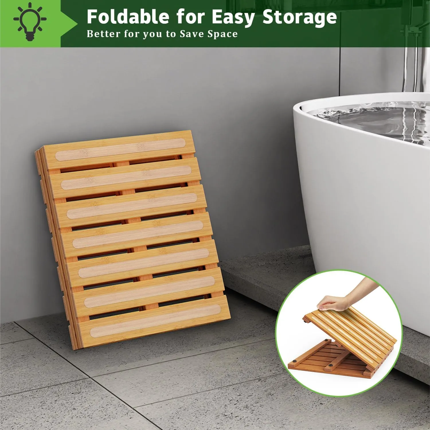 Bamboo Bath Mat for Shower, Dual Anti-Slip for Surface & Bottom, Waterproof Foldable Shower Mat, Easy to Carry and Storage, Perfect for Indoor Outdoor  Natural, 26.7716.141.14 Inches