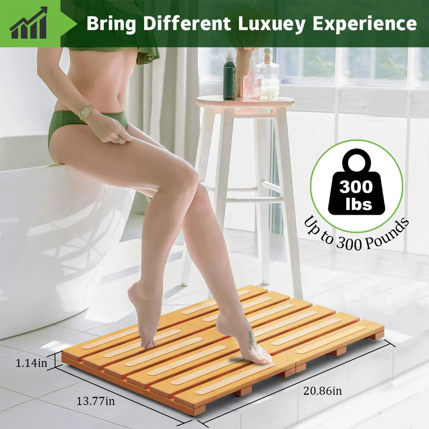Bamboo Bath Mat for Shower, Dual Anti-Slip for Surface & Bottom, Waterproof Foldable Shower Mat, Easy to Carry and Storage, Perfect for Indoor Outdoor  Natural, 26.7716.141.14 Inches