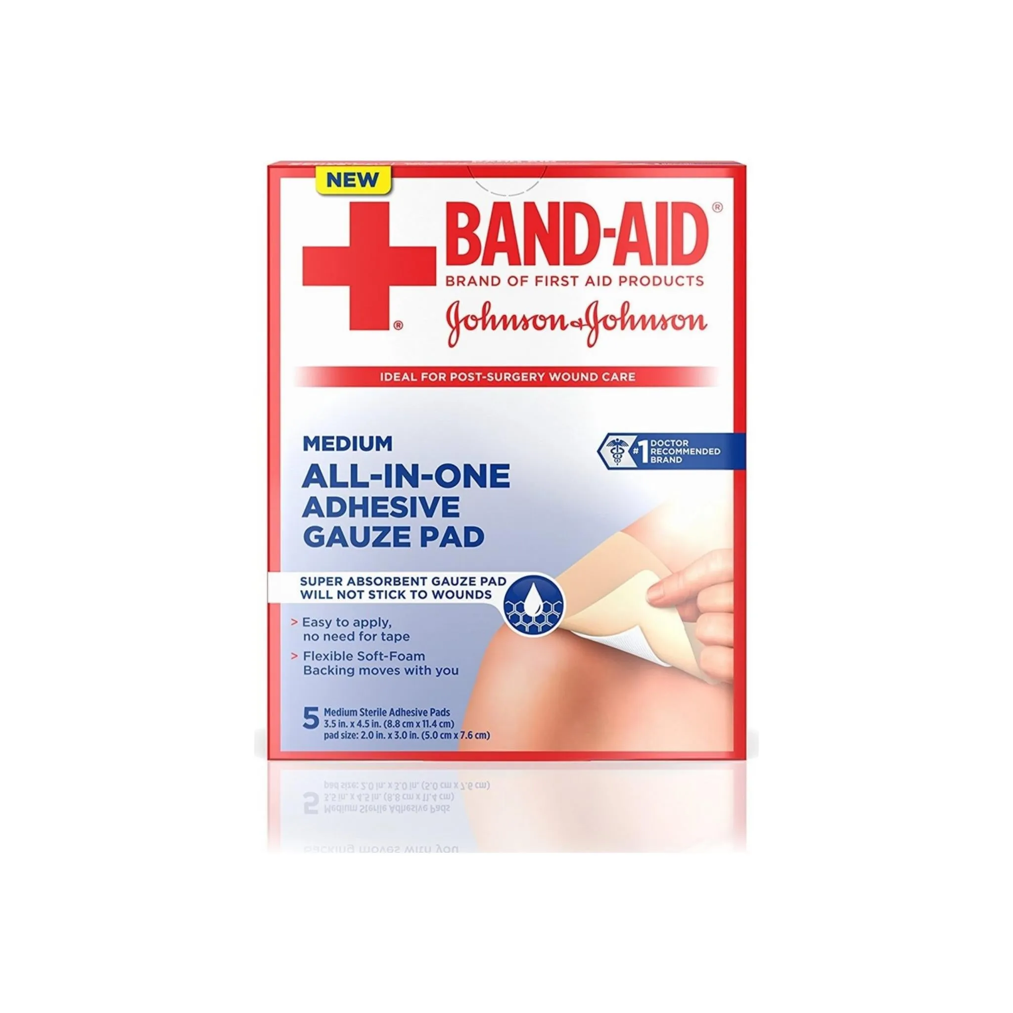 BAND-AID All-in-One Adhesive Gauze Pad, Medium 5 ea