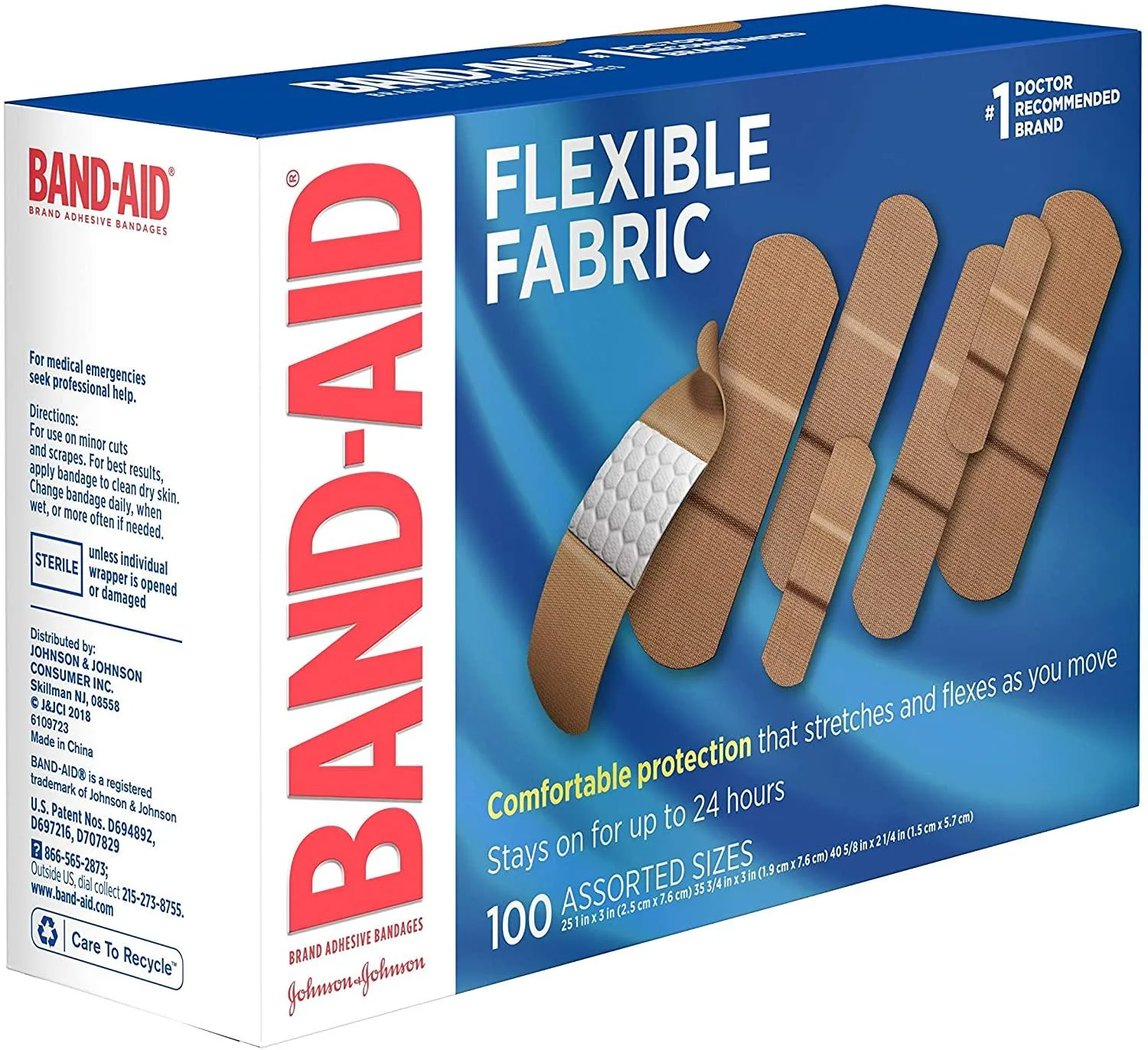 Band-Aid Brand Flexible Fabric Adhesive Bandages for Wound Care & First Aid, Assorted Sizes, 100 ct, Beige