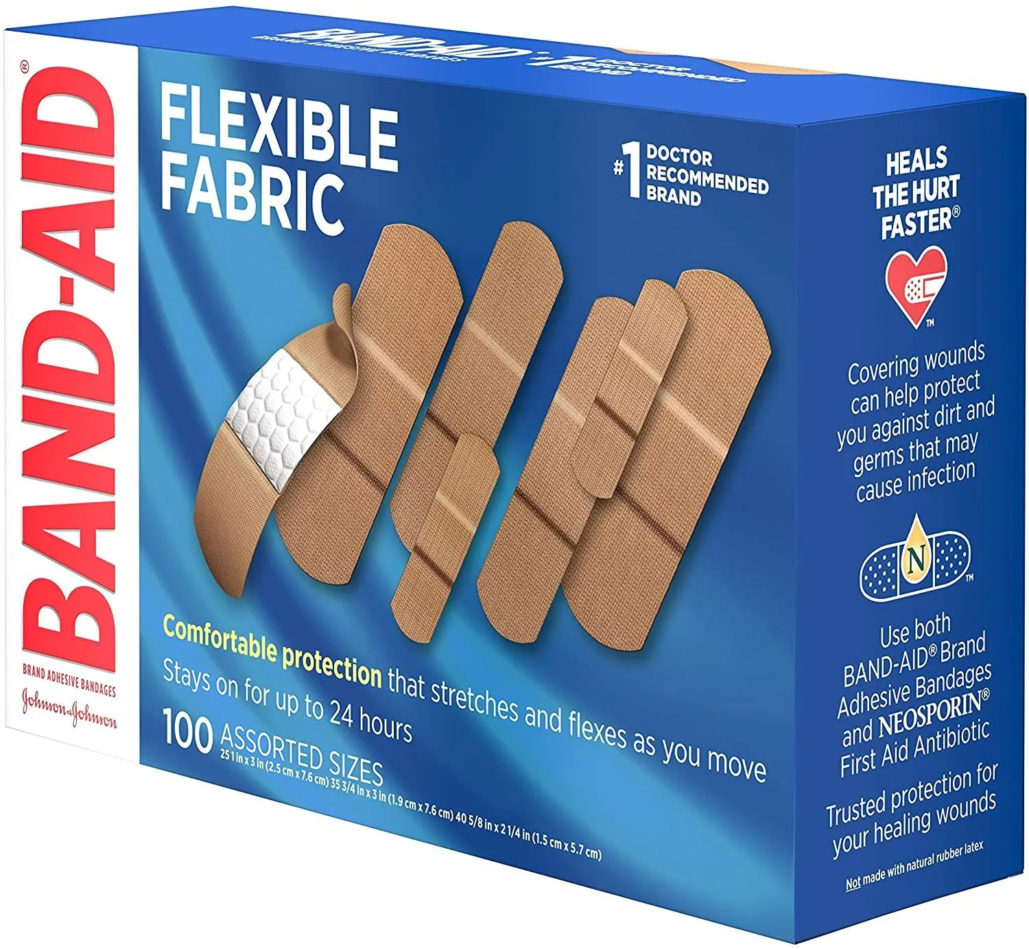 Band-Aid Brand Flexible Fabric Adhesive Bandages for Wound Care & First Aid, Assorted Sizes, 100 ct, Beige