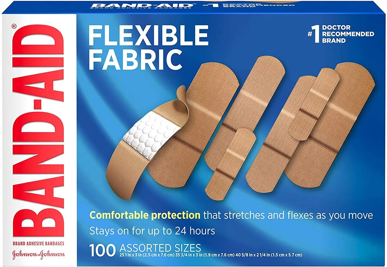 Band-Aid Brand Flexible Fabric Adhesive Bandages for Wound Care & First Aid, Assorted Sizes, 100 ct, Beige