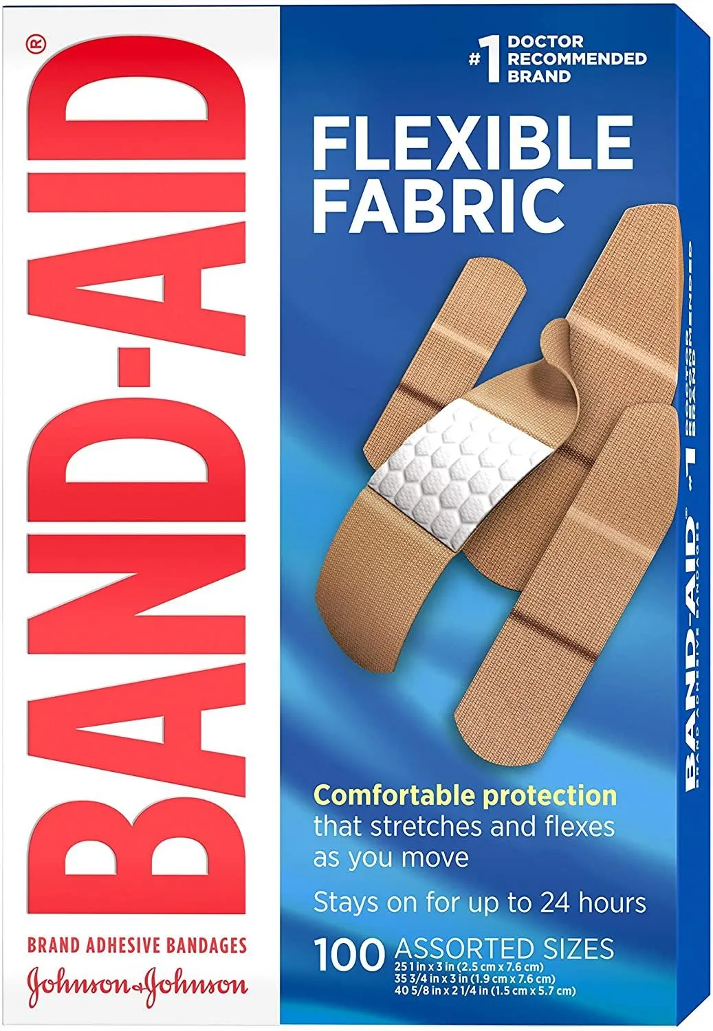 Band-Aid Brand Flexible Fabric Adhesive Bandages for Wound Care & First Aid, Assorted Sizes, 100 ct, Beige