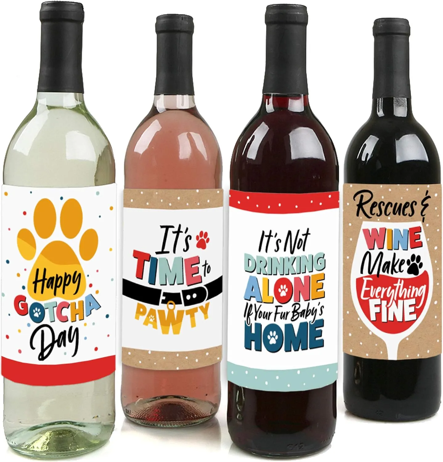 Big Dot of Happiness Happy Gotcha Day - Dog and Cat Pet Adoption Party Decorations for Women and Men - Wine Bottle Label Stickers - Set of 4