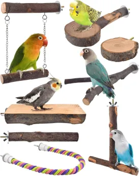 Bird Perches, 8pcs Natural Wood Parrot Perch Stand Chewing Toys Cage Accessories Hanging Multi-Branch Perch Platform Swing Toy Rope Perches for Small and Medium Parakeet, Conures, Budgies