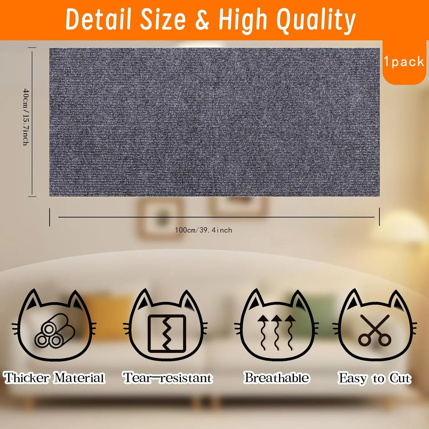 Cat Scratching Mat, Self-Adhesive Cat Scratching Carpet, Trimmable at Scratch Furniture Protector for Cat Tree Shelves, Cat Scratching Post Couch Protector (1PC, 100 * 40CM, Grey) (1PC, Grey)