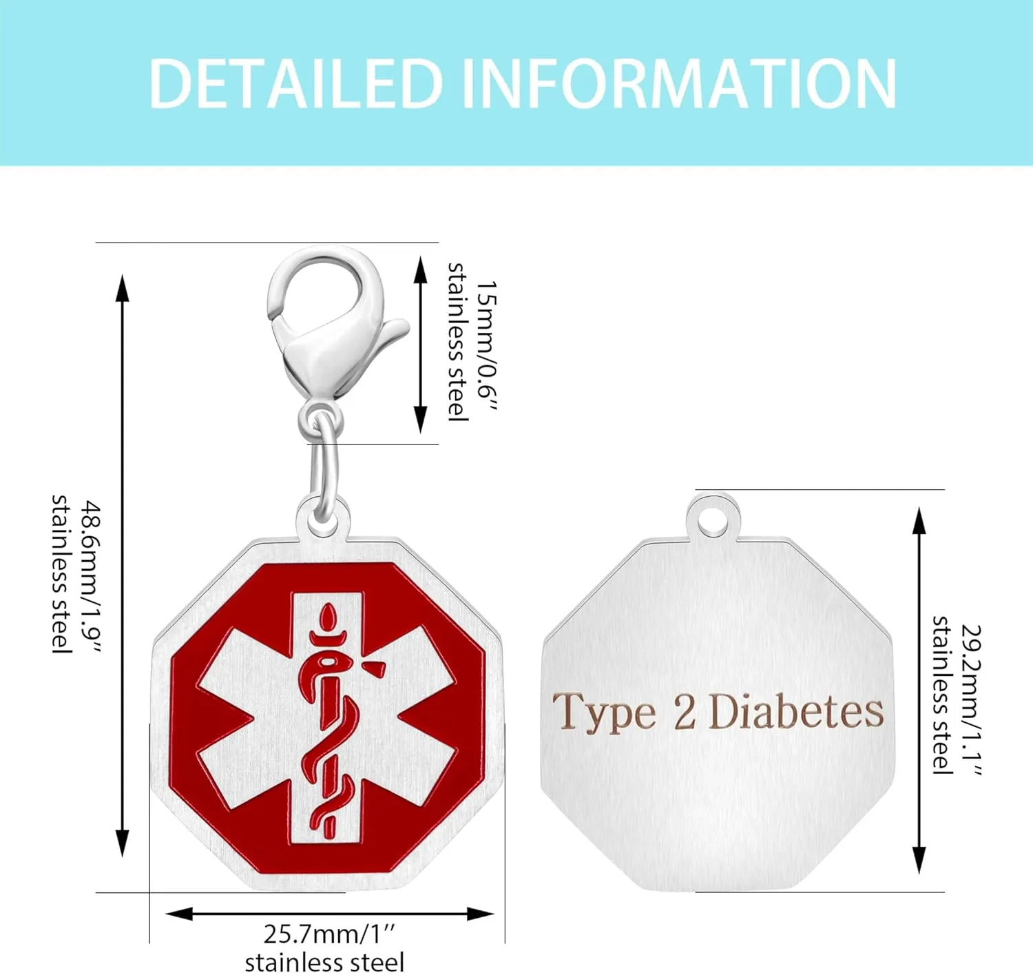 Customizable Medical Alert Keychain Stainless Steel Octagon Tag Engraved Text Medical Identification Keychains