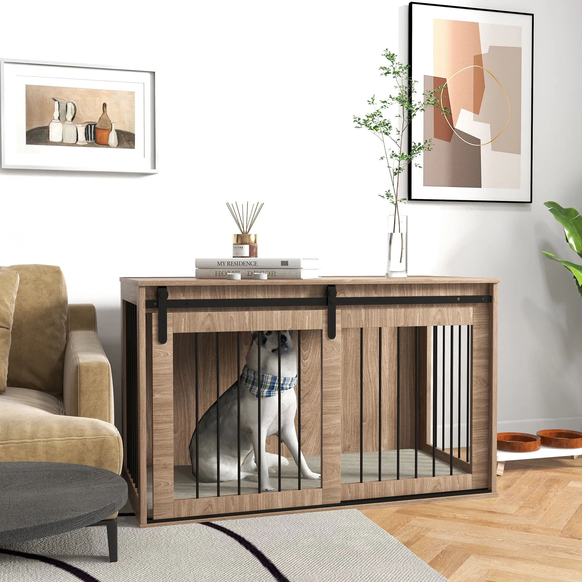 Dog Crate Furniture with Removable Cushion for XL Dogs 118 x 60 x 73 cm Brown