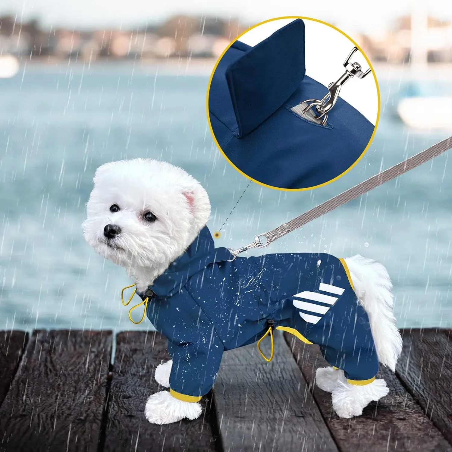 Dog Raincoat, Waterproof Dog Rain Jacket with Hood, Rain Coat with Leash Hole, Reflective Strap for Small Medium Dogs, Lightweight Puppy Clothes(Blue,L)