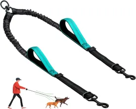 Double Dog Leash - No Tangle Splitter for Two Dogs, Coupler with Adjustable Long Lead Rope, Dual Control Handles, Retractable No Pull Bungee, Walk Train Small Medium Large 2 Pets (Blue)