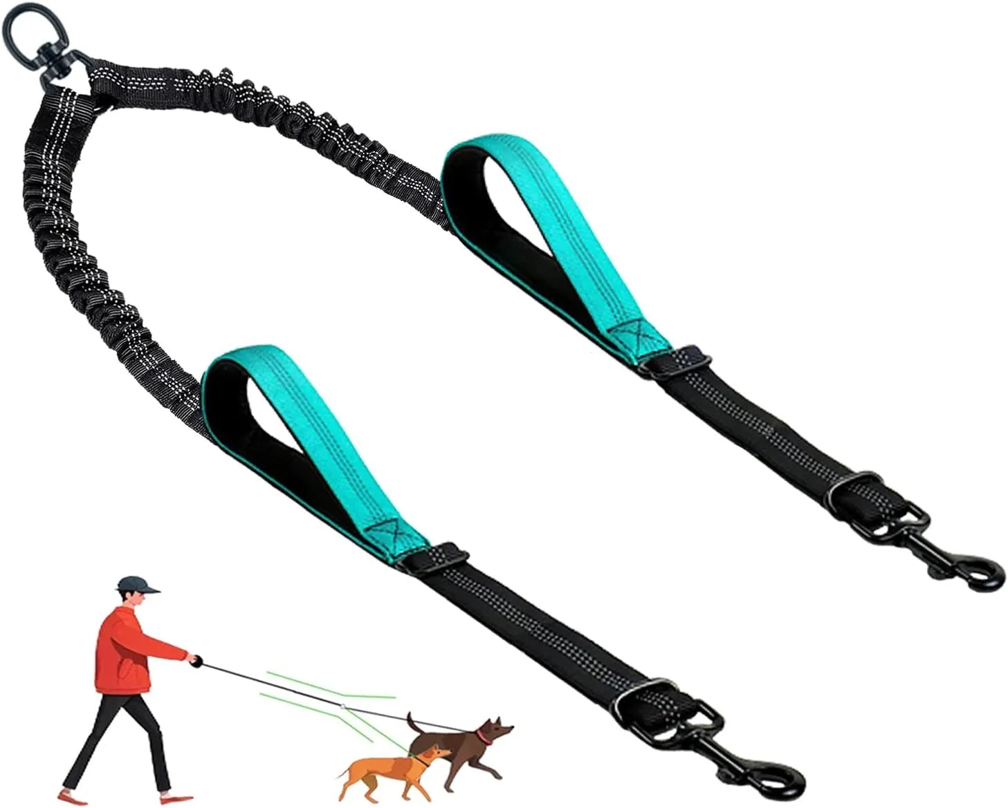 Double Dog Leash - No Tangle Splitter for Two Dogs, Coupler with Adjustable Long Lead Rope, Dual Control Handles, Retractable No Pull Bungee, Walk Train Small Medium Large 2 Pets (Blue)