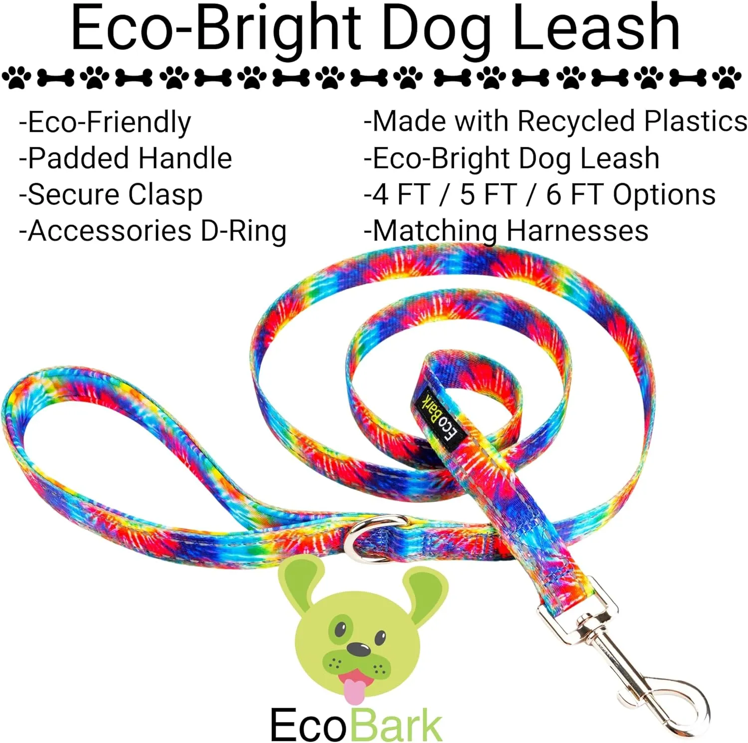 EcoBark Dog Leash - Soft & Reflective Comfort Training Leashes with Padded Handle - Strong Durable Heavy Duty - Training and Pulling for Small, Medium or Large Dogs (Tie Dye)