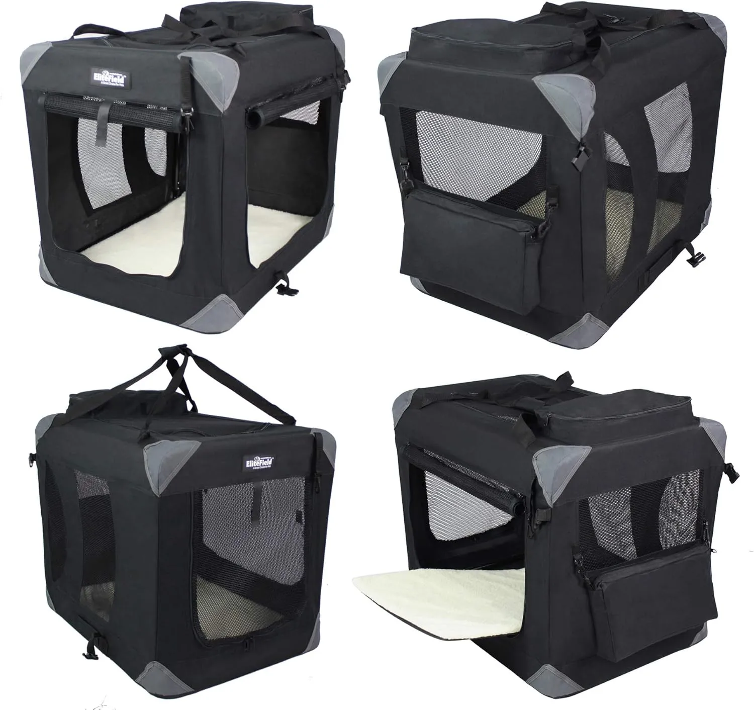 EliteField 3-Door Folding Soft Dog Crate with Carrying Bag and Fleece Bed (2 Year Warranty), Indoor & Outdoor Pet Home (30" L x 21" W x 24" H, Black)
