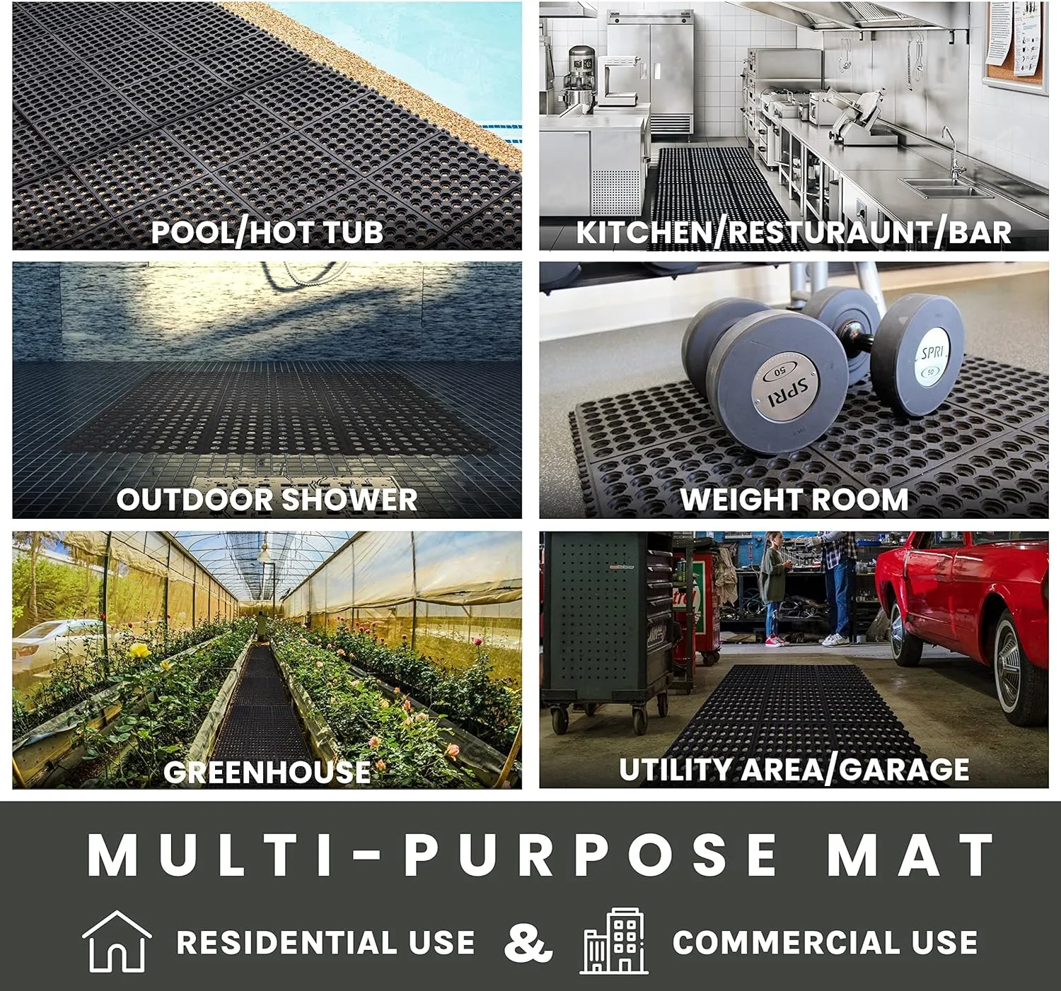 Envelor Interlocking Rubber Floor Mat for Restaurant Kitchen Floor Anti Fatigue Bar Door Mat Non-Slip Indoor Outdoor Shower Pool Drainage, Durable Garage Flooring 36 x 36 Inch
