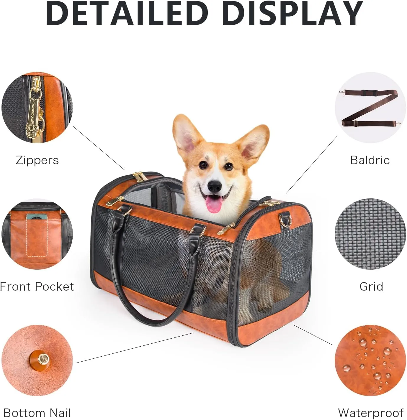 Fashion Pet Carrier Dogs Cat Small Animals Purse Bag, Leather Pet Carriers Dog Puppy Kitten Tote Travel Handbag TSA Airline-Approved (Brown)