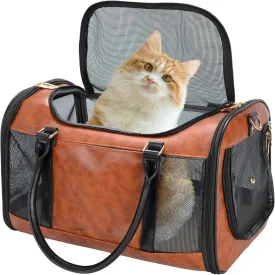 Fashion Pet Carrier Dogs Cat Small Animals Purse Bag, Leather Pet Carriers Dog Puppy Kitten Tote Travel Handbag TSA Airline-Approved (Brown)