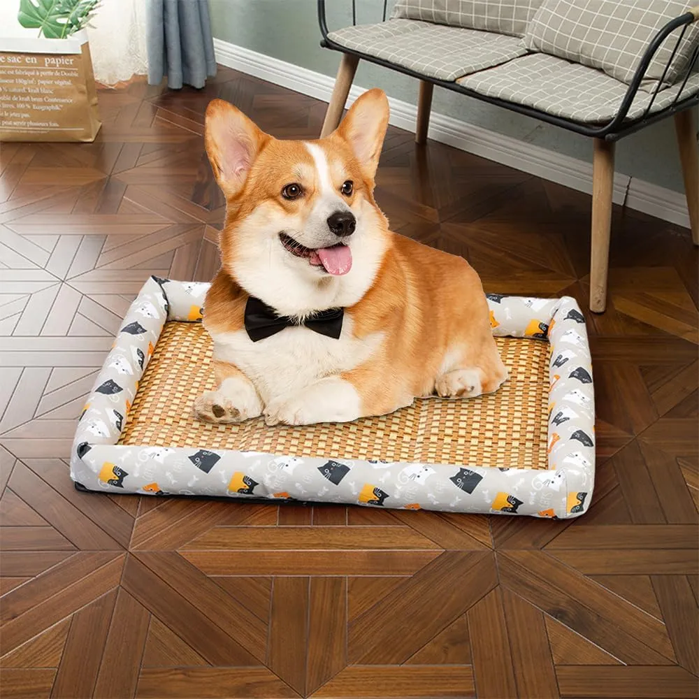 Ice Rattan Cooling Bed for Cats Dogs, Pet Ice Pad Mat Pet Cooling Mat, Summer Cooling Pet Mat Ice Pad Sleeping Mats, Cool Pad Cushion Dog Cat Puppy Blanket Pet Self Cooling Pad (50*40CM, A_Beige)