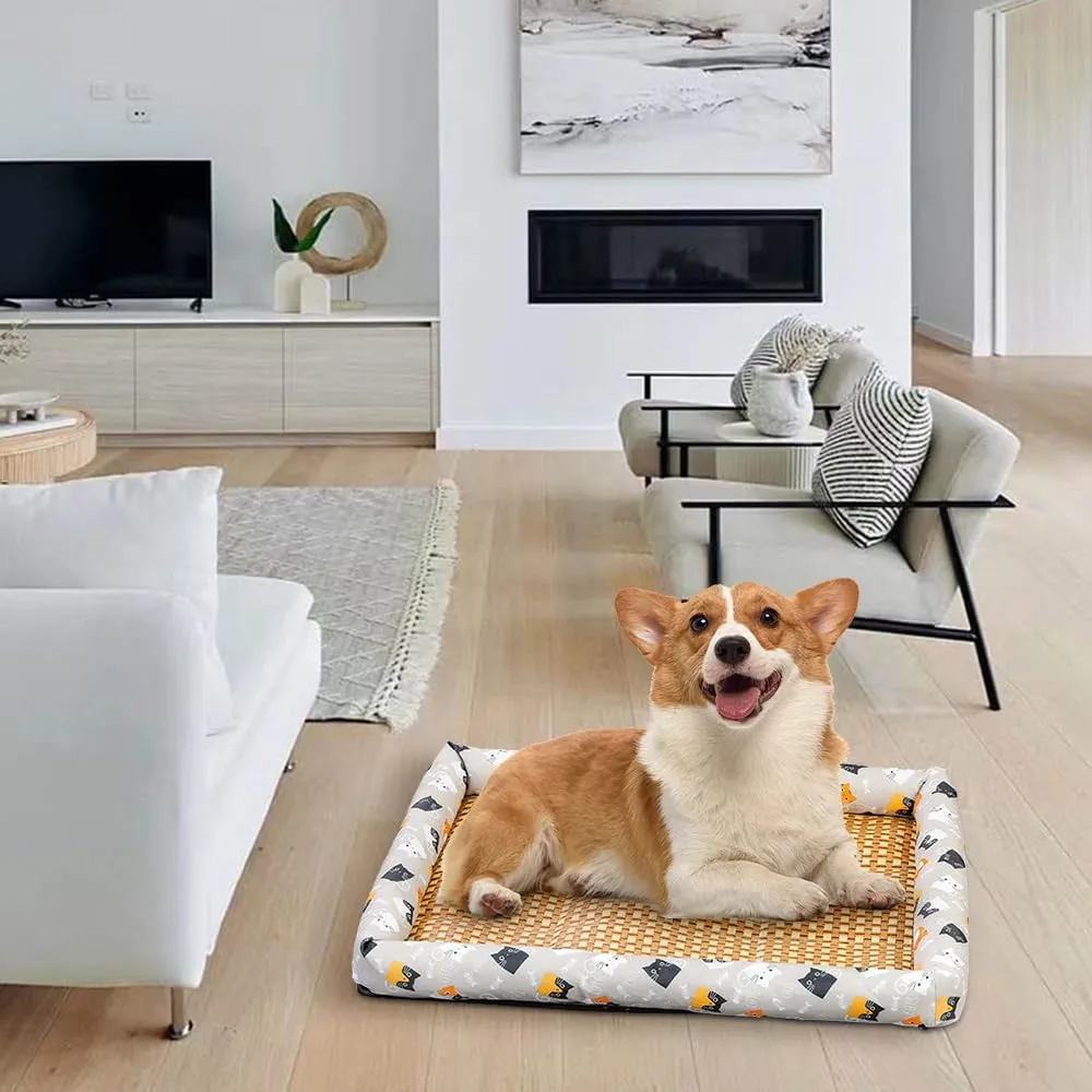 Ice Rattan Cooling Bed for Cats Dogs, Pet Ice Pad Mat Pet Cooling Mat, Summer Cooling Pet Mat Ice Pad Sleeping Mats, Cool Pad Cushion Dog Cat Puppy Blanket Pet Self Cooling Pad (50*40CM, A_Beige)