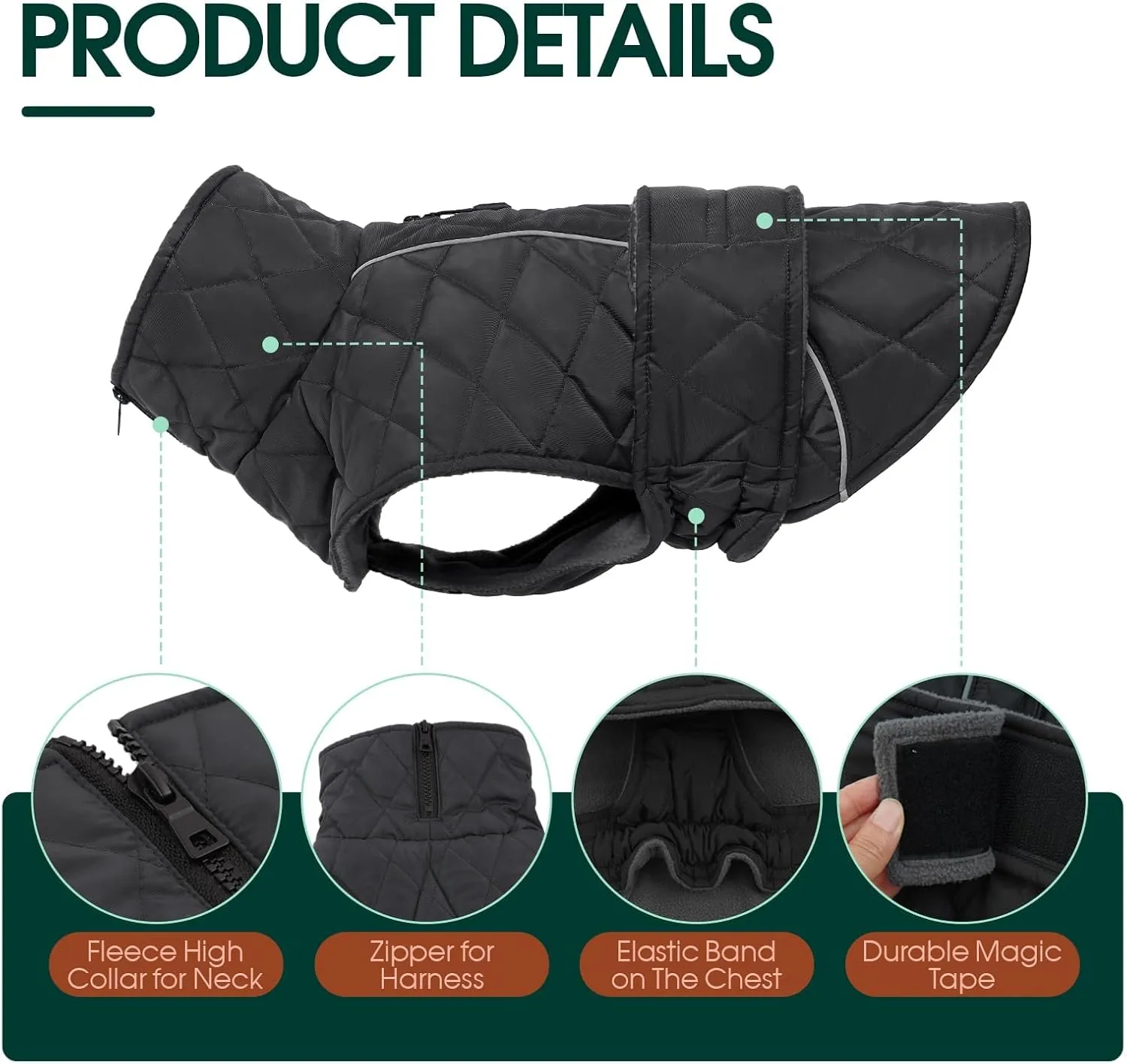 Kuoser Extra Warm Dog Jacket, Windproof Cold Weather Coats for Small Dogs, Fleece Lined Turtleneck Dog Snowsuit, Reflective Adjustable Winter Clothes, Dark Grey S