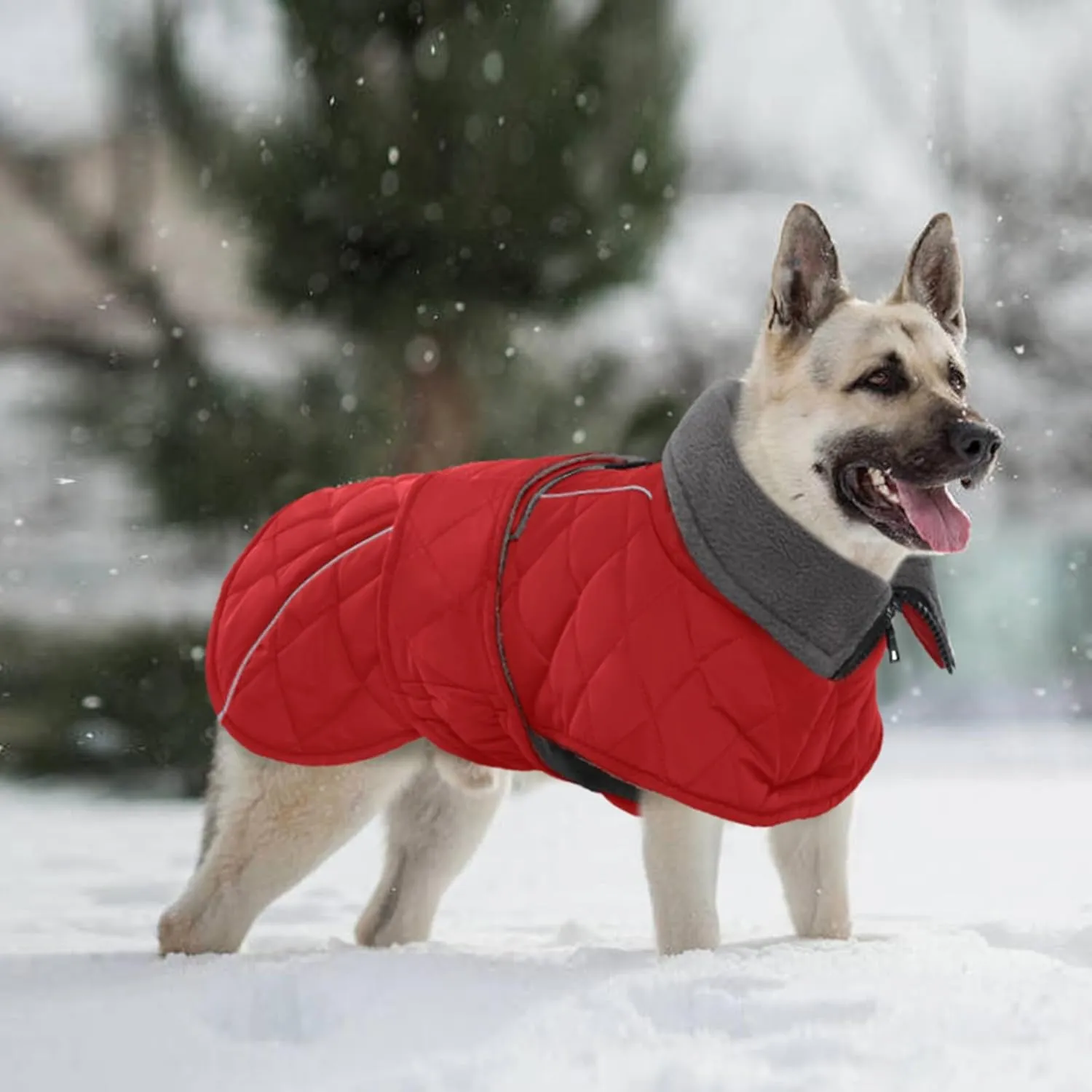 Kuoser Super-Warm Dog Jacket - Windproof, Fleece Lining Turtleneck Dog Snowsuit, Reflective, Adjustable - Red, 3XL