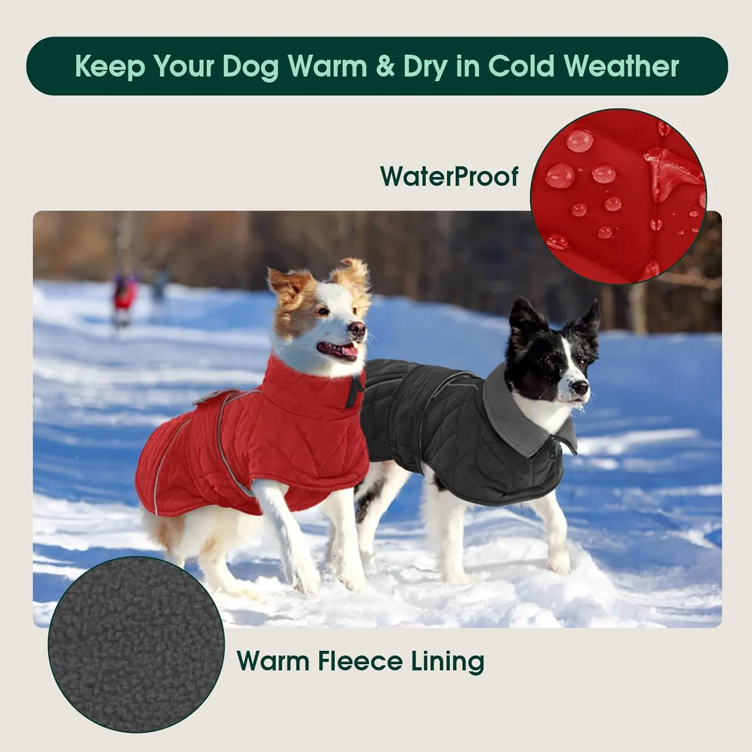 Kuoser Super-Warm Dog Jacket - Windproof, Fleece Lining Turtleneck Dog Snowsuit, Reflective, Adjustable - Red, 3XL